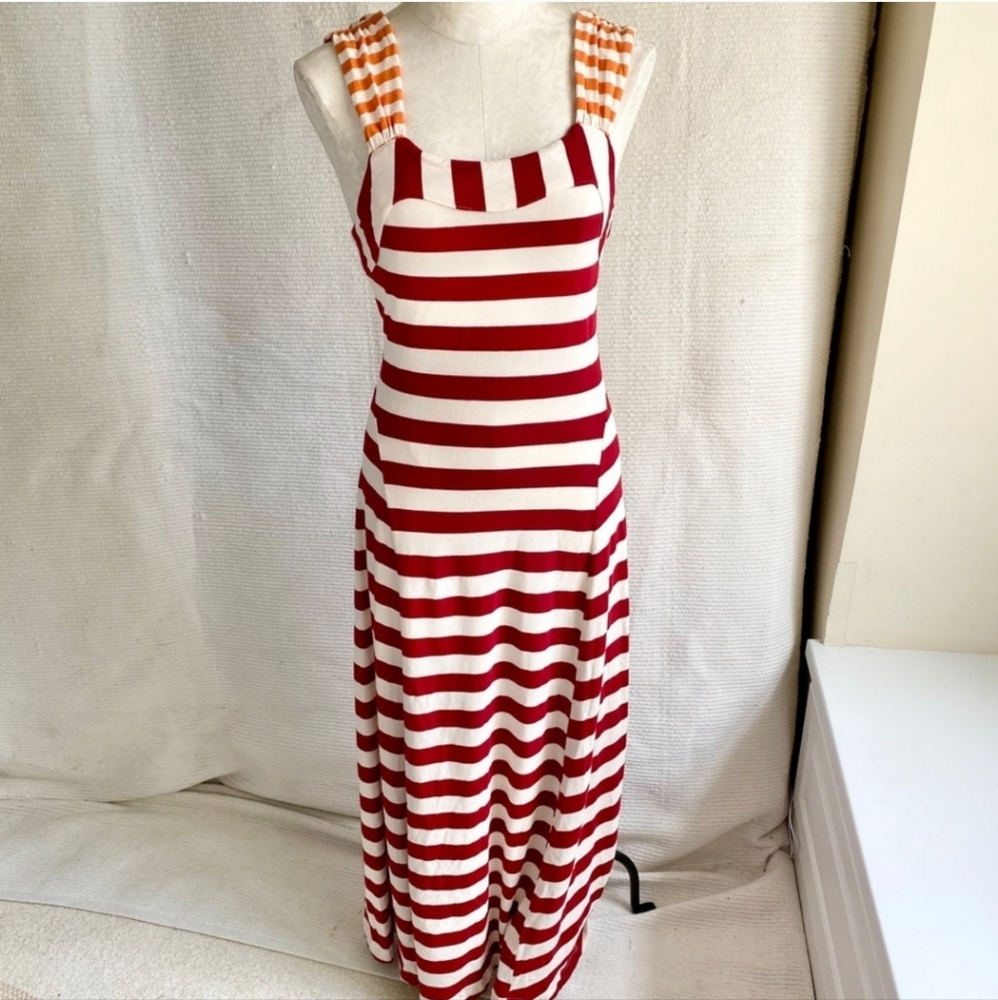 💚Anthropologie S Cotton Stripe Maxi Dress Red Orange Summer Sundress